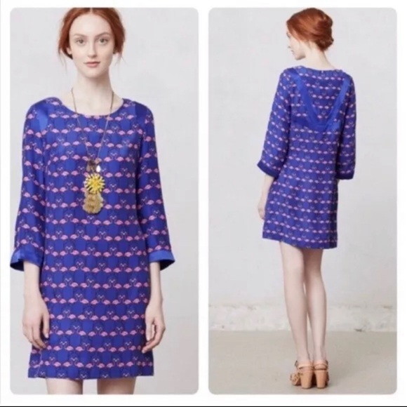 Silk Pink Flamingo Anthropoligie Harlyn Navy Blue Shift Tunic Dress XSP - Picture 2 of 11